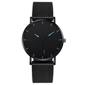 Minimalist ultra-thin black mesh quartz watch with vibrant blue hour markers and hands - Black Strap Black Case Black Dial Blue Scale