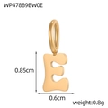 Detailed view of golden letter E pendant with dimensions 0.85cm height and 0.6cm width - Letter-E / Gold