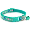 Floral mint green pet collar with quick-release buckle and metal bell on white background - Turquoise Green