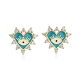 Détail de boucles d'oreilles cœur en plaqué or avec œil émaillé bleu et oxydes de zirconium - Cœur bleu doré Mauvais Œil