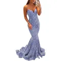 Elegant light blue sequined fishtail evening gown with deep V-neck and slim silhouette - US size 2 (S) / Sky Blue