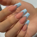 Short square press-on nails with nude base, light blue French tips, and silver glitter lines - BZ1426 Colorful Blue French / Glue Type