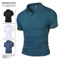 Polo da uomo a manica corta verde scuro con strisce a contrasto e colletto a tre bottoni - Taglia M / Top / Blu lago