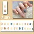 Uñas postizas cortas cuadradas en amarillo pastel y azul con diseños florales - Estilo Redondo Cuadrado Corto Floral Amarillo Azul(A397)