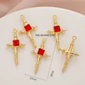 DIY Gold Alloy Cross Pendant with Red Gemstone for Jewelry Making 17x33mm - 696# Gold - Red Zirconia
