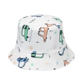White sun hat for kids featuring colorful cartoon dinosaur and vehicle patterns - White Cartoon Dino Car