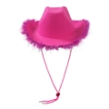 Detail of pink cowboy hat featuring fluffy feather trim and adjustable chin strap cord - Adult Size (58cm) / Rose Red Feather With Silver Silk
