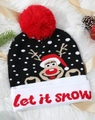 Black knit Christmas beanie with reindeer pattern, red pom-pom and let it snow text - Single Reindeer Style
