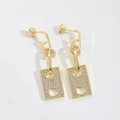 Close-up of geometric gold earrings with pink zircons and hollow rectangular pendant - Rectangle (ES2766-1) / Gold