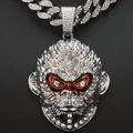 Silver Wukong monkey head pendant with iced-out crystals and Cuban chain necklace - Pendant Only / Silver