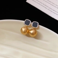 Vintage style square black and silver earrings with matte gold spherical charms - Black Geometric Gold Ball Style (WE4158) / Silver Pin Black Gold