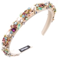 Detail of handmade baroque headband with colorful rhinestones and pearls on beige satin - Beige