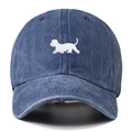 Close-up of small dog embroidery on washed blue denim baseball cap for women - One Size / Navy Blue