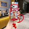Macro detail of red iPhone case with Chinese luck charms and thick lanyards accessory - Pp Spring Festival * Red Eight Directions Bring Wealth And Good Fortune + Handbag / iPhone15