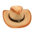 Stroh-Cowboyhut in Beige mit Ethno-Band und silbernem Stierkopf-Ornament - Off-white Stil 1 (Stierschädel)
