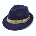 Detailed view of dark blue wool fedora featuring a patterned jacquard ribbon band - M (56-58cm) / Navy Blue