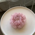 Detail shot of a pink pleated lace hair scrunchie placed on a white ceramic plate - Mesh Scrunchie / Light Pink