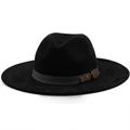 Black wide-brim fedora hat with gray ribbon and brown leather strap for men and women - M(56-58cm) / Black
