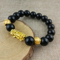 Black obsidian beads bracelet featuring a golden PiXiu charm and fortune coins charms - 12mm Gold Bead Pixiu