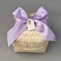 Square bamboo gift box with a purple satin ribbon and decorative pearl pendant - Square Box Light Purple Ribbon Style