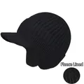 Close-up of black winter knit hat featuring thick fleece lining and warm ear flaps - With Brim Style-Fleece Lined / Black