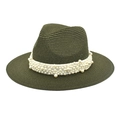 Detailed view of dark olive green straw fedora hat with elegant faux pearl ribbon band - M (56-58cm) / Dark Green
