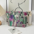 Detailed embroidery flower pattern on a premium toiletry bag in elegant lifestyle setting - Large / Purple Flowers