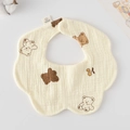 Flower-shaped cream cotton baby bib featuring cute brown bear and cherry patterns - Gauze Flower Scarf - Hollow Brown Bear