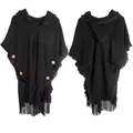 Bohemian black hooded knit poncho featuring wooden buttons and long fringe tassel detail - Black / 85*190cm