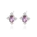 Elegant oval purple gemstone stud earrings with white cubic zirconia in silver finish - E2549 Platinum Purple Zircon