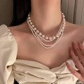 Elegant multi-layer baroque pearl necklace with gold hardware shown on a model neck - White Multi-Layer Artificial Pearl Necklace (14#)