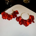 Elegant red floral earrings with layered petals and golden hoop on white tray - Large Red Layered Petal Earrings / Silver Earring Post - Red