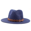 Detailed view of dark blue woven straw hat with classic brown braided leather band - M (56-58cm) / Navy Blue