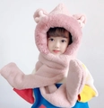 Pink plush kids hooded scarf and glove set with cute cartoon bear ears design - Kids Ears Style / Pink