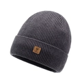 Berretto in maglia a coste grigio scuro da uomo con toppa logo in pelle marrone - Grigio Siderale