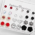 12 pairs of alloy stud earrings featuring red roses and crystals on a display card - Red Black Rose Heart Iridescent Set (ER21Y0531-5)