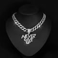Close-up of hip-hop silver Cuban chain with diamond NEVER GIVE UP pendant on black bust - 18inch(45cm) / Silver
