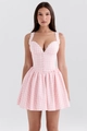 Detail of pink plaid mini dress featuring white lace trim and ruffled hem design - S / Pink Plaid