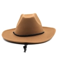 Macro detail of brown wool felt jazz hat with black braided band and adjustable chin strap - 56-58cm / Khaki