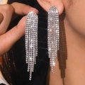 Elegant long silver tassel earrings with sparkling rhinestones worn by a fashion model - Flat Style / Silver White Rhinestone