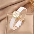 White leather bracelet with golden circular H-logo charm and shimmering rhinestones - White