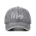 Close-up of grey washed denim cap featuring white Mini embroidery and a small heart - Grey MINI