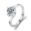 Adjustable S925 sterling silver ring featuring a round-cut zircon in a classic 4-prong setting - Adjustable Open / Twisted Ox Head Style (1 Carat Effect)