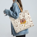 Off-white canvas tote bag with cute cartoon bear prints and brown shoulder straps - Surprise Bear - Beige