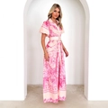 Roze bloemenjurk met opstaande kraag, riem en hoge taille in een stijlvol Frans design - S / Roze