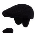 Classic black knitted flat cap for elderly men with warm ear protection earflaps - Adjustable / Black