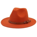 Detailed view of an orange wide brim fedora hat with dark brown leather belt buckle strap - Caramel (2 Studs)