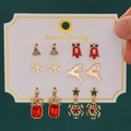 6-pair Christmas stud earring set with Santa, reindeer, and snowflake motifs - 34 Red Rhinestone Snowflake (6 Pairs Set)