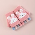 Gants en tricot roses pour enfants avec motif lapin blanc et style demi-doigts - 4-10 Ans / Rose foncé