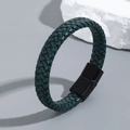 Bracelet multicouche vintage en cuir tressé vert avec fermoir magnétique noir en titane - Bleu foncé